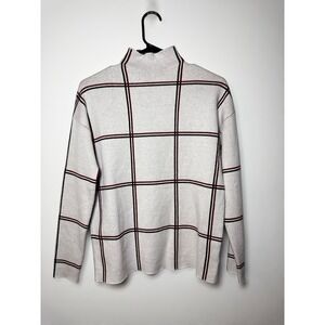 TAHARI Mock Neck Preppy Grid‎ Plaid Long Sleeve Winter Knit Sweater Womens M